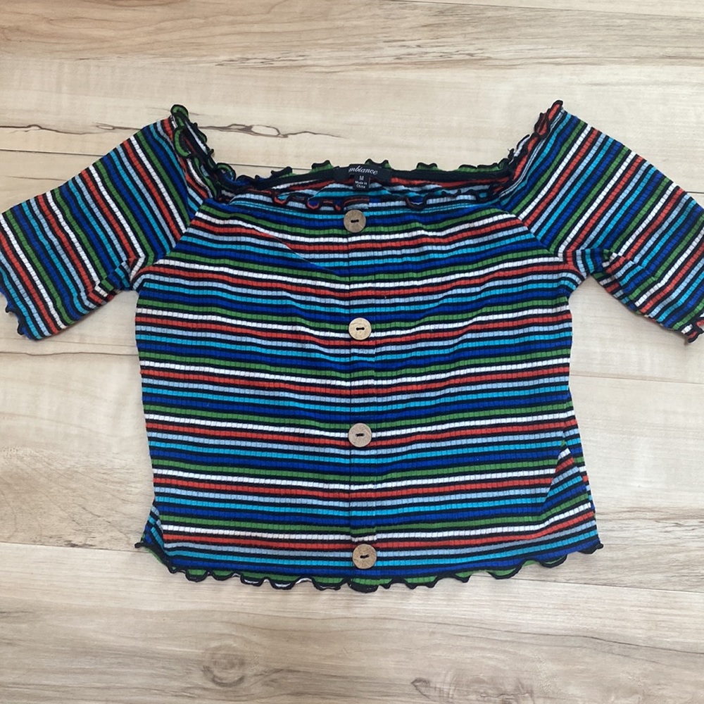 Ambiance Womens S/M Crop Top. Ribbed, ruffle, buttons, striped. So cute and fun. - Picture 7 of 12